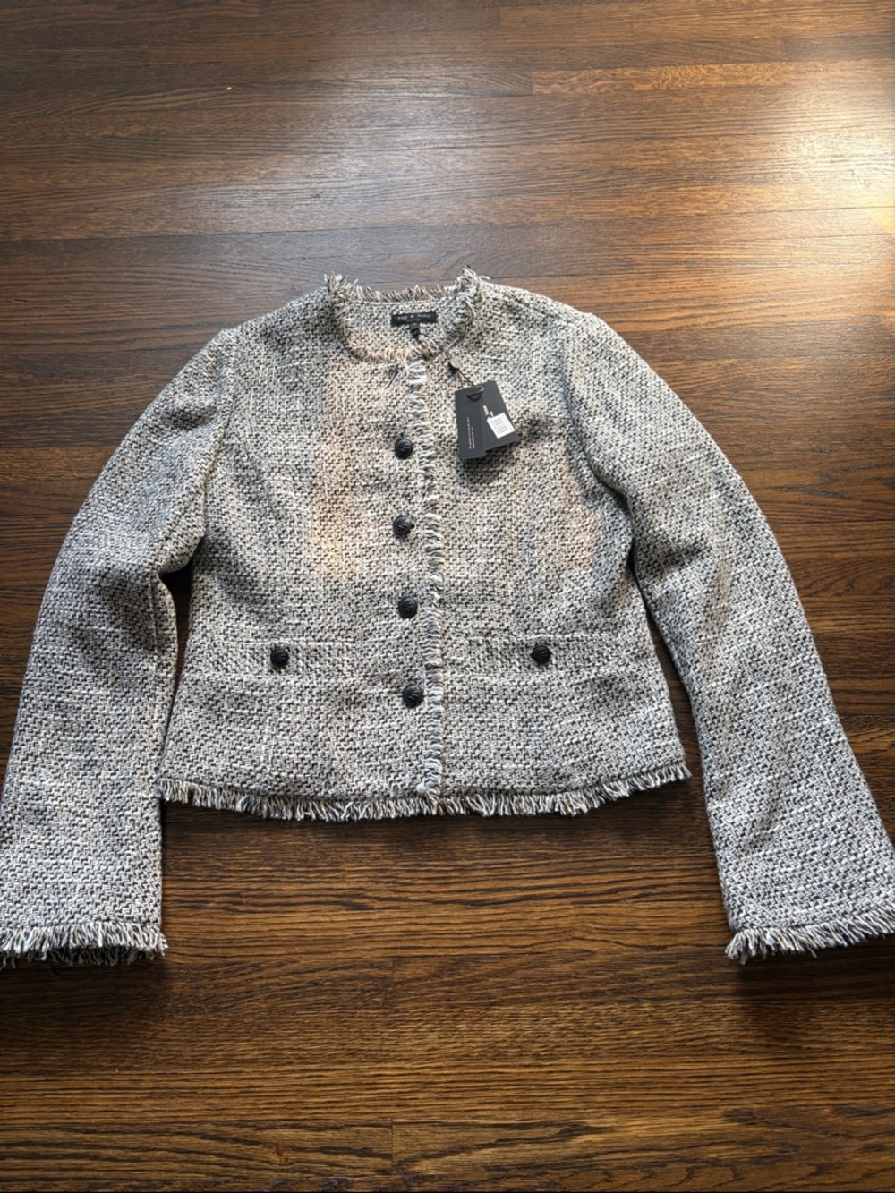 rag & bone Black and Gray Tweed Fringe Collarless Jacket